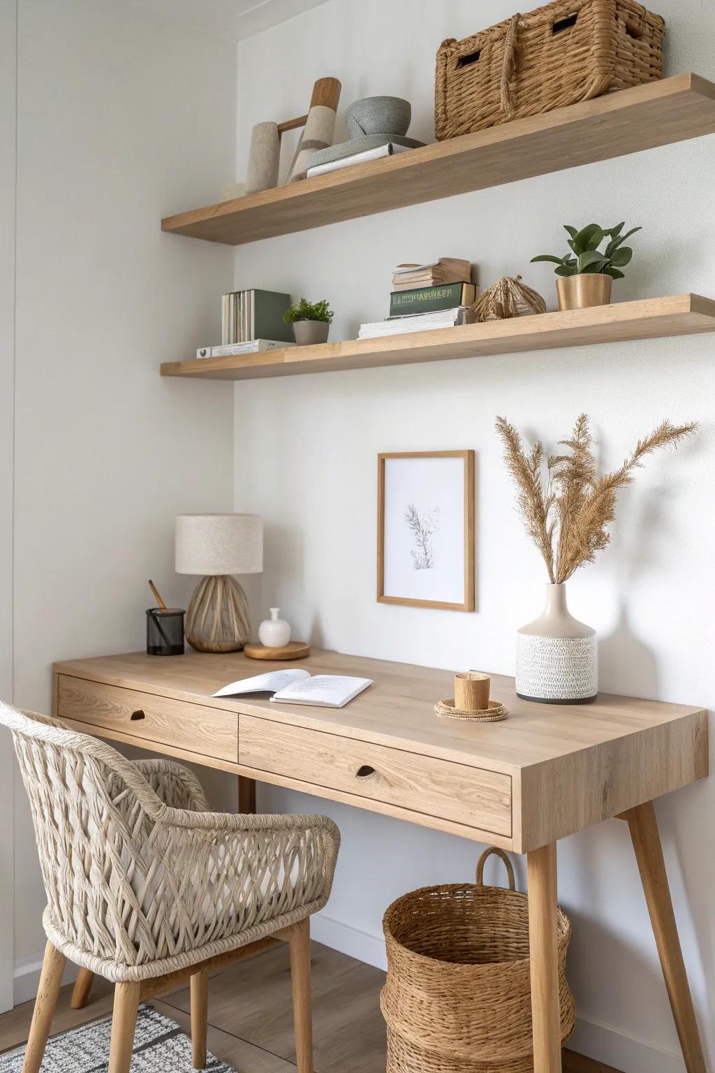 Mini shelf trio above the desk: baskets up top, pretty pieces below for a cozy workspace.
