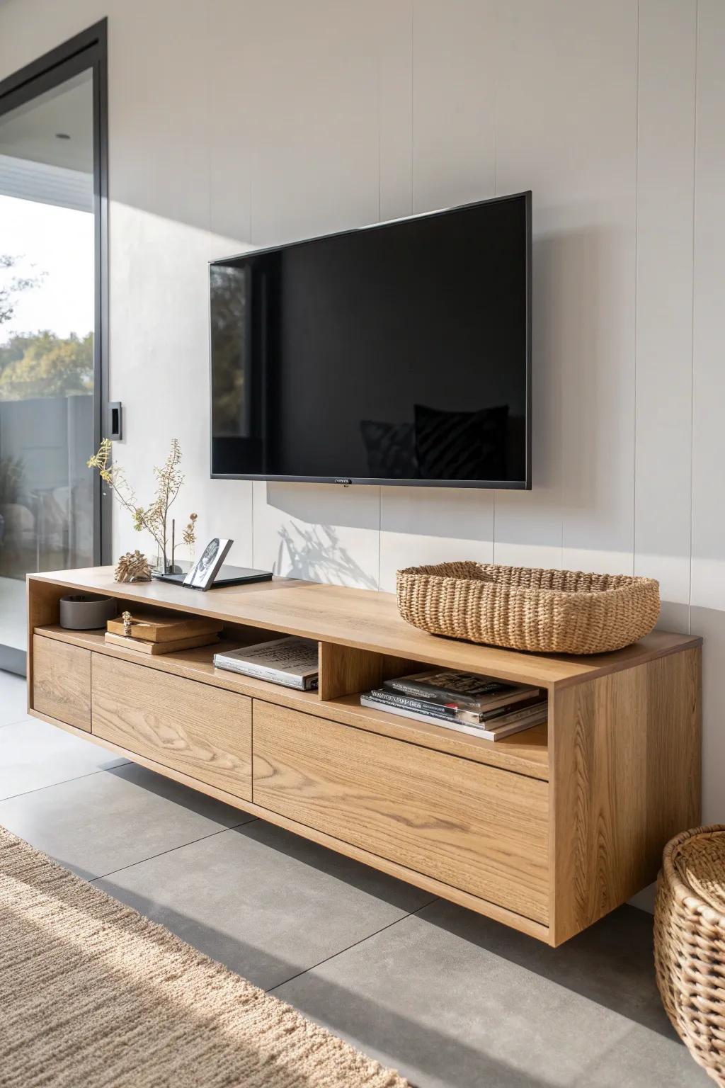 Deep floating drawers keep remotes and cords hidden—minimal, warm, and beautifully organized.