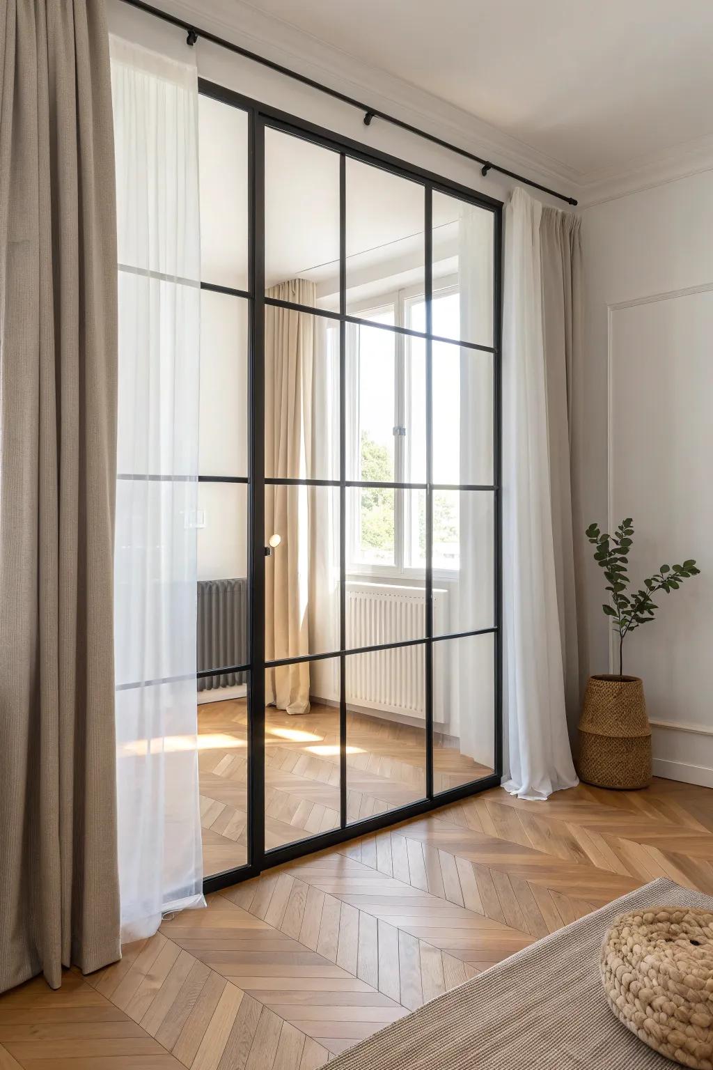 A slim-framed glass divider that separates zones while letting every bit of daylight through.