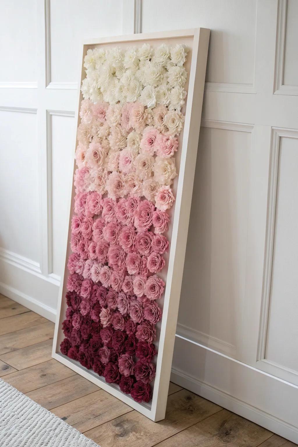Handcrafted ombre flower wall panel—deep blush to airy cream for a taller, designed look.