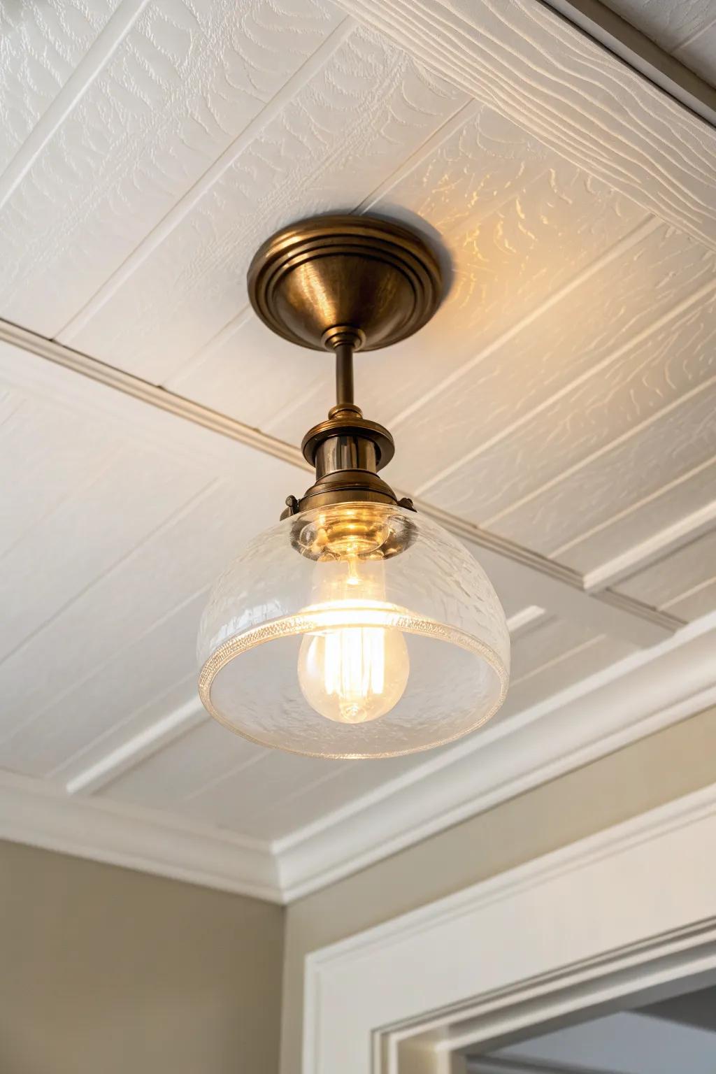 Brass flush-mount glow that warms an off-white entry—small-space lighting with cozy contrast.