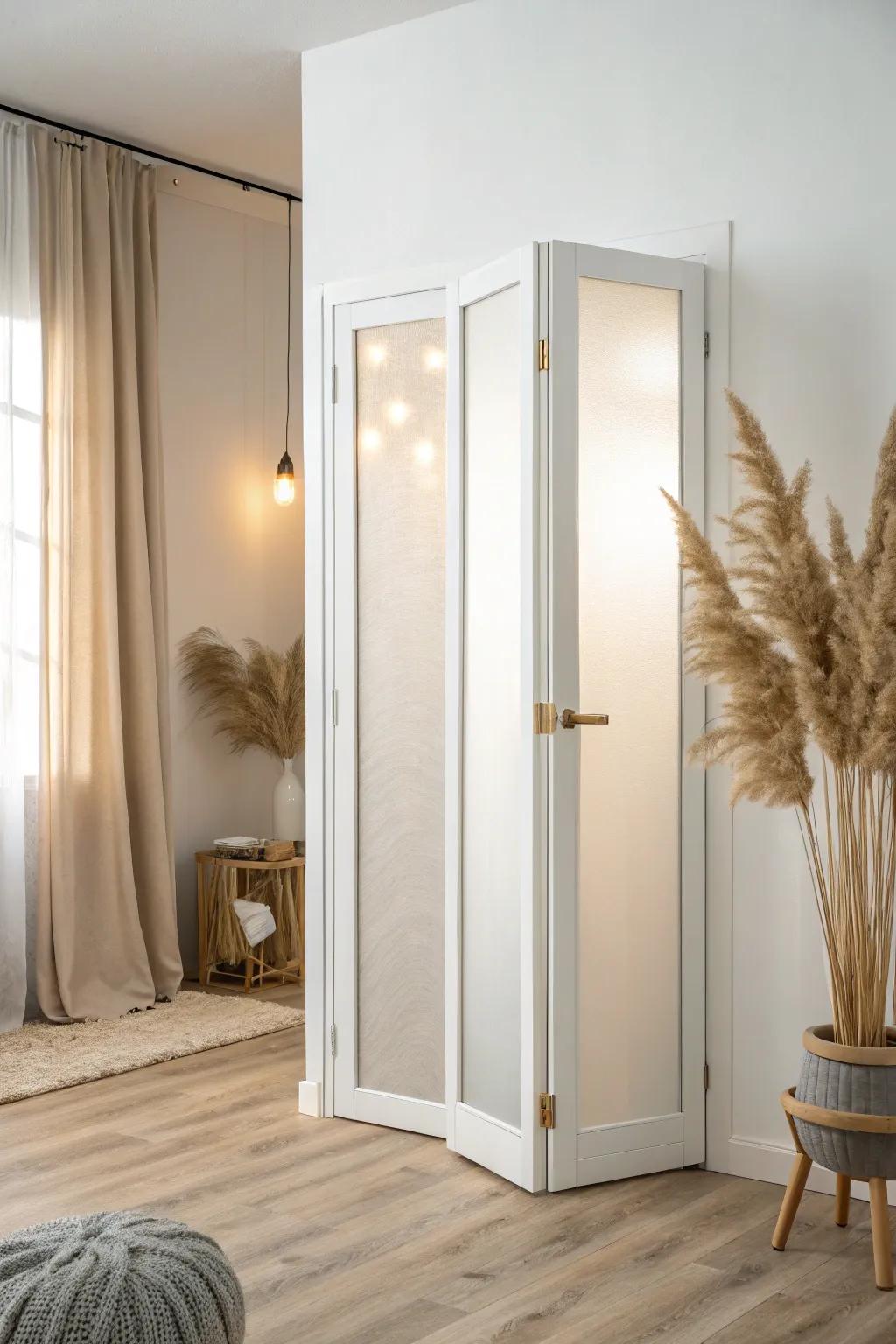 Frosted glass folding doors: bright light flow with privacy—perfect for a cozy sleeping nook.