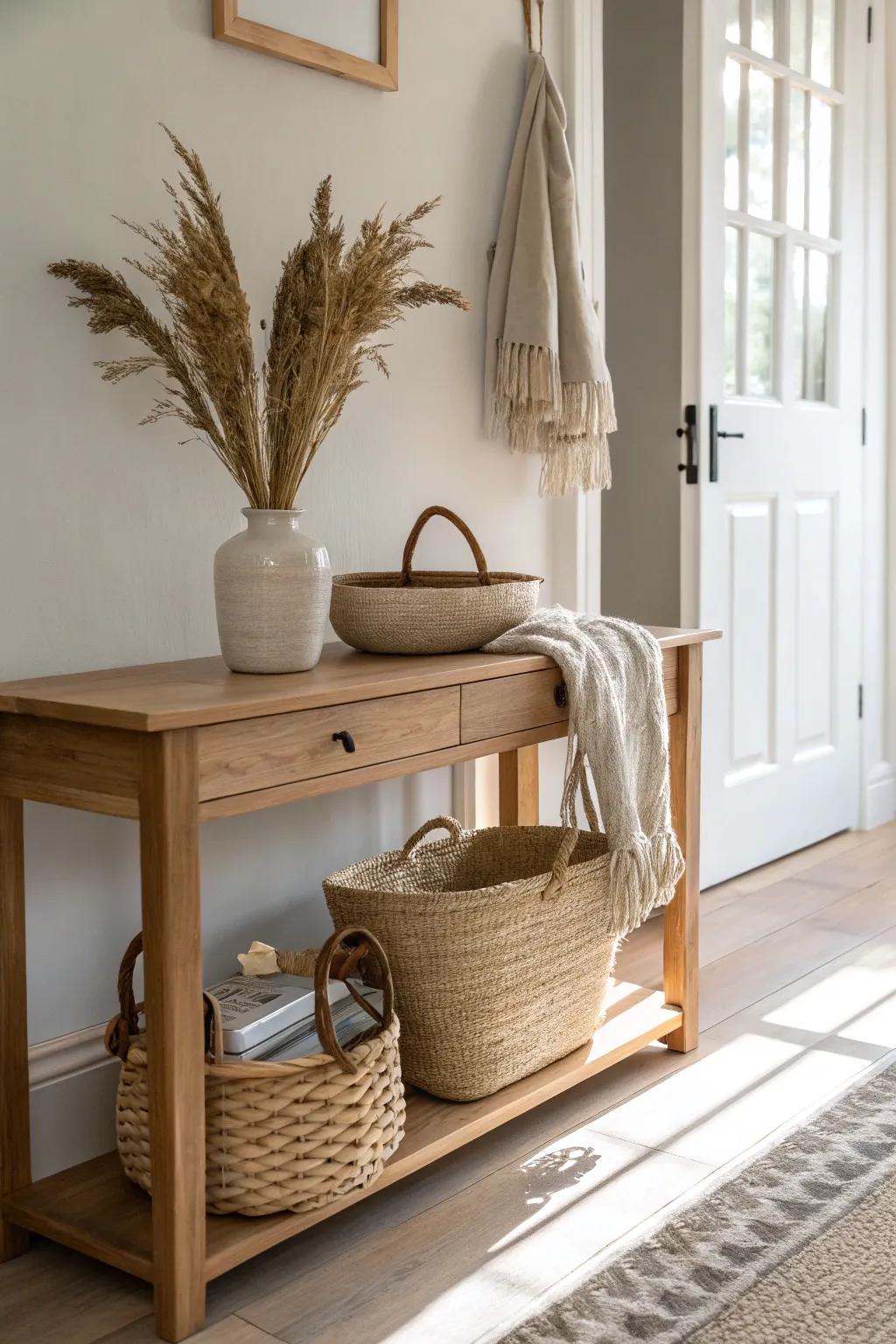 A woven under-console basket keeps everyday shoes hidden—minimal, warm, and tidy.
