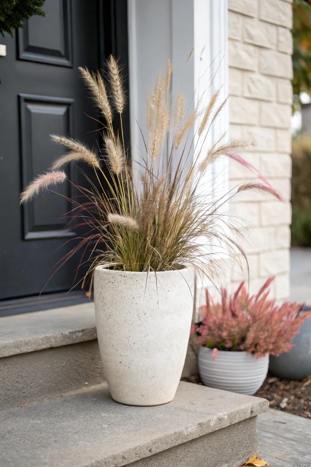 Tall grasses add instant height—an airy, minimalist fall porch planter with soft, swishy drama.