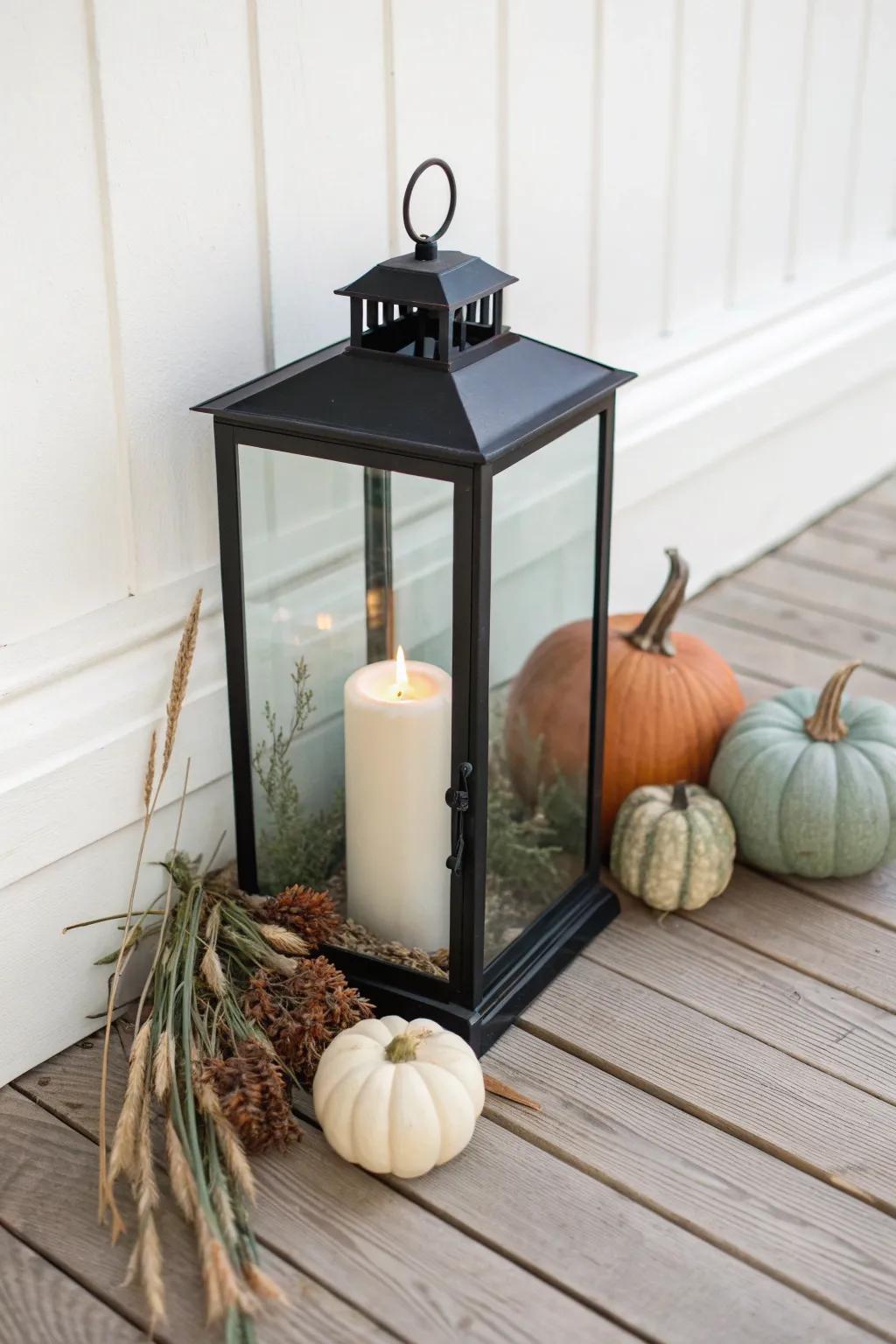 Three curated pumpkins tucked at a porch lantern base for a chic, high-end fall moment.