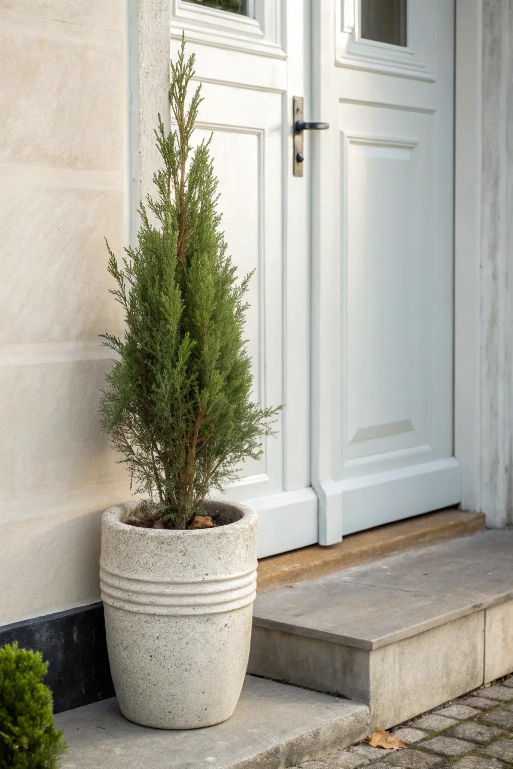 A tall evergreen in a handmade pot adds instant vertical impact to even the tiniest stoop.