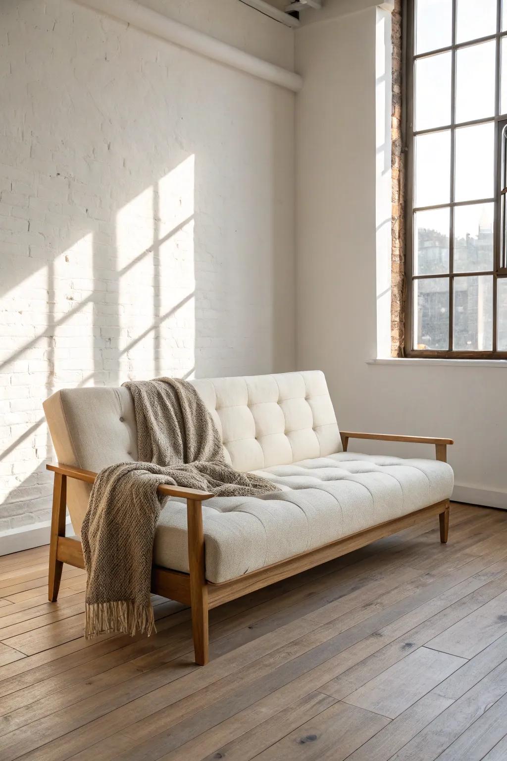 Float a futon off the wall to define a cozy living zone—no partitions needed.