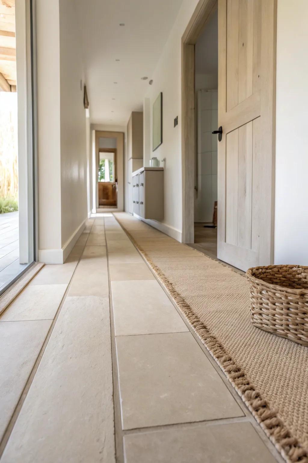 Uninterrupted flooring lines make a narrow galley bathroom feel longer, cleaner, and brighter.
