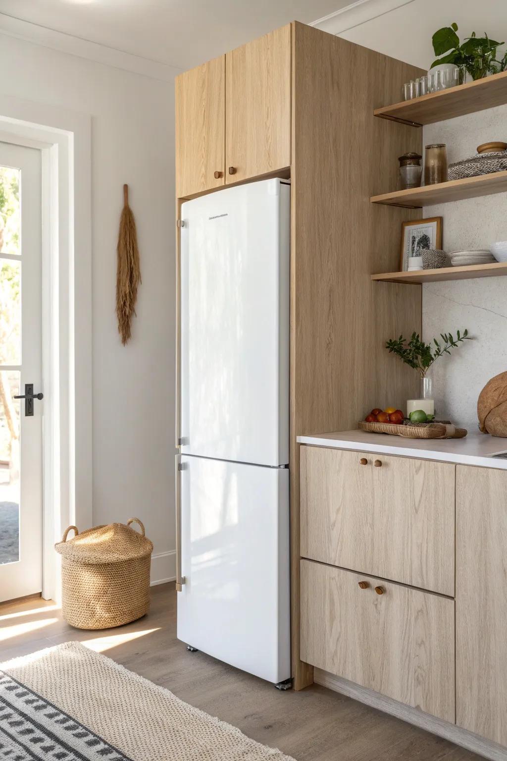 A slim, counter-depth fridge sits flush with cabinetry—more aisle space, less visual clutter.