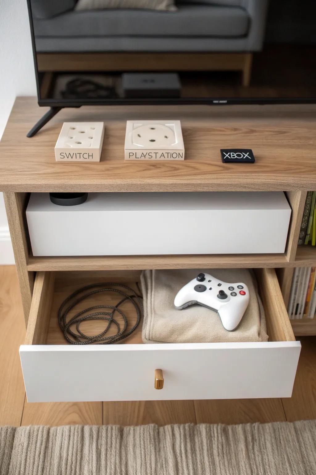 A low drawer unit keeps controllers, cords, and adapters tidy—labeled by console for easy grabs.