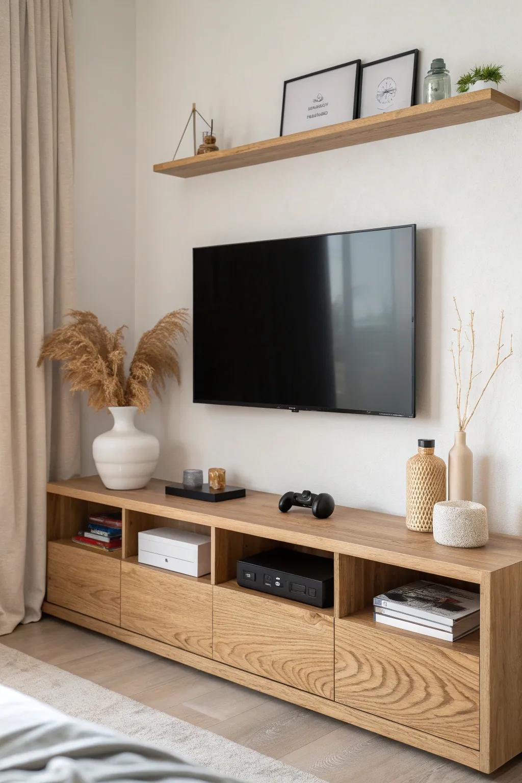 Floating shelves above the screen: stylish, space-saving storage for game room essentials.