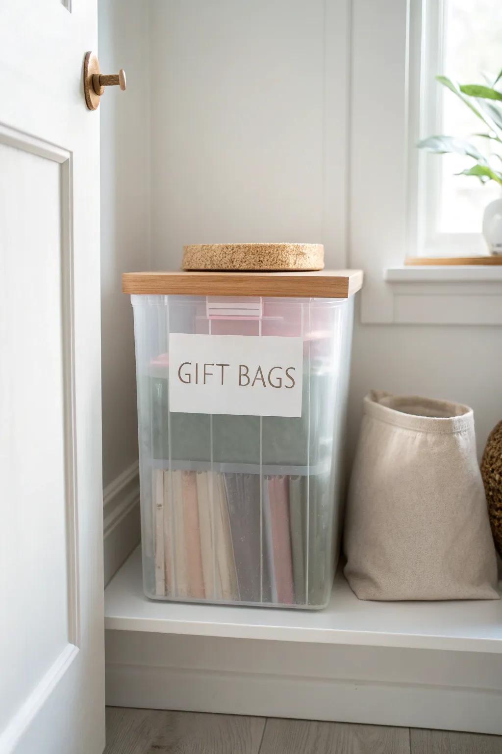 File gift bags upright in a labeled bin—pretty, protected, and instantly easy to grab.