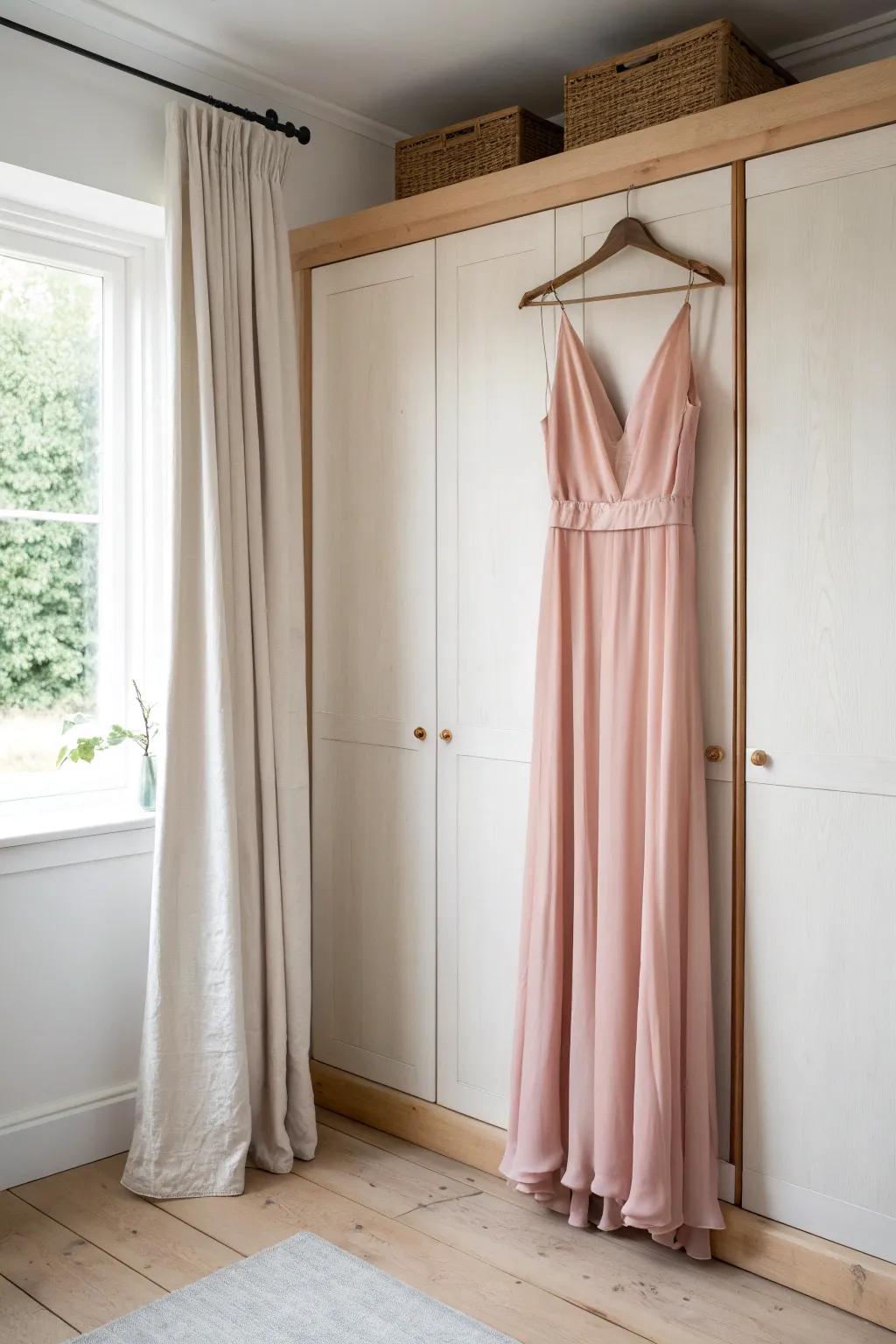 A tall long-hang zone keeps dresses wrinkle-free—perfect for small closets and special outfits.