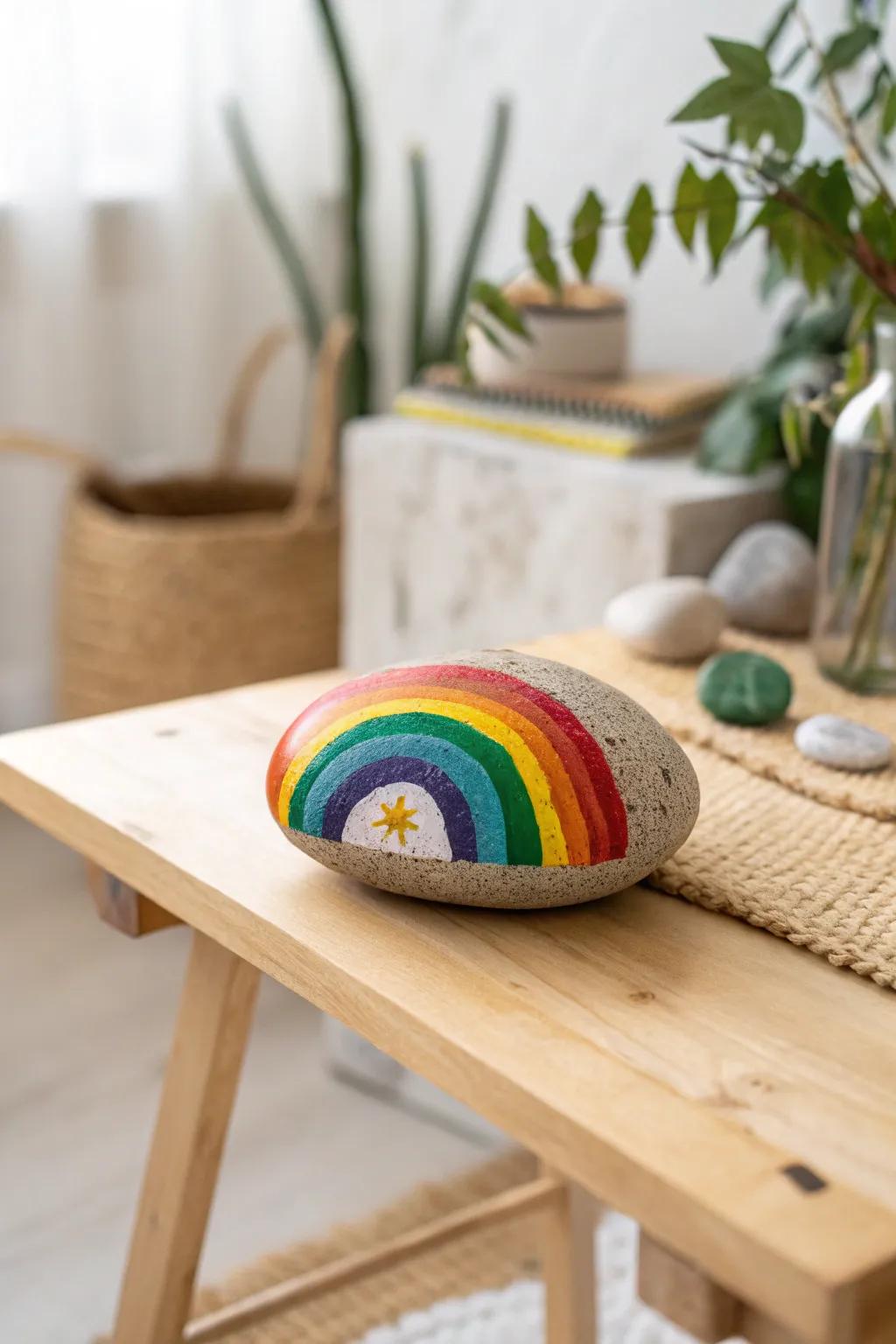 Spread joy with a simple gesture: a rainbow rock waiting to brighten someone's day.