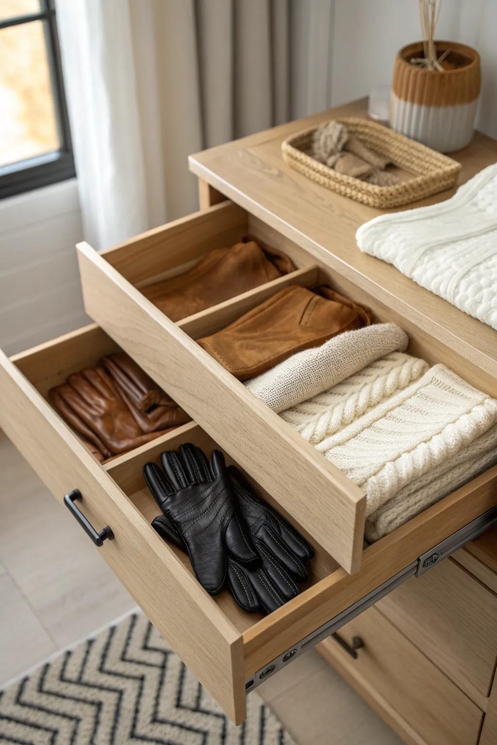 Handmade drawer dividers keep knit, leather, and waterproof gloves beautifully sorted.