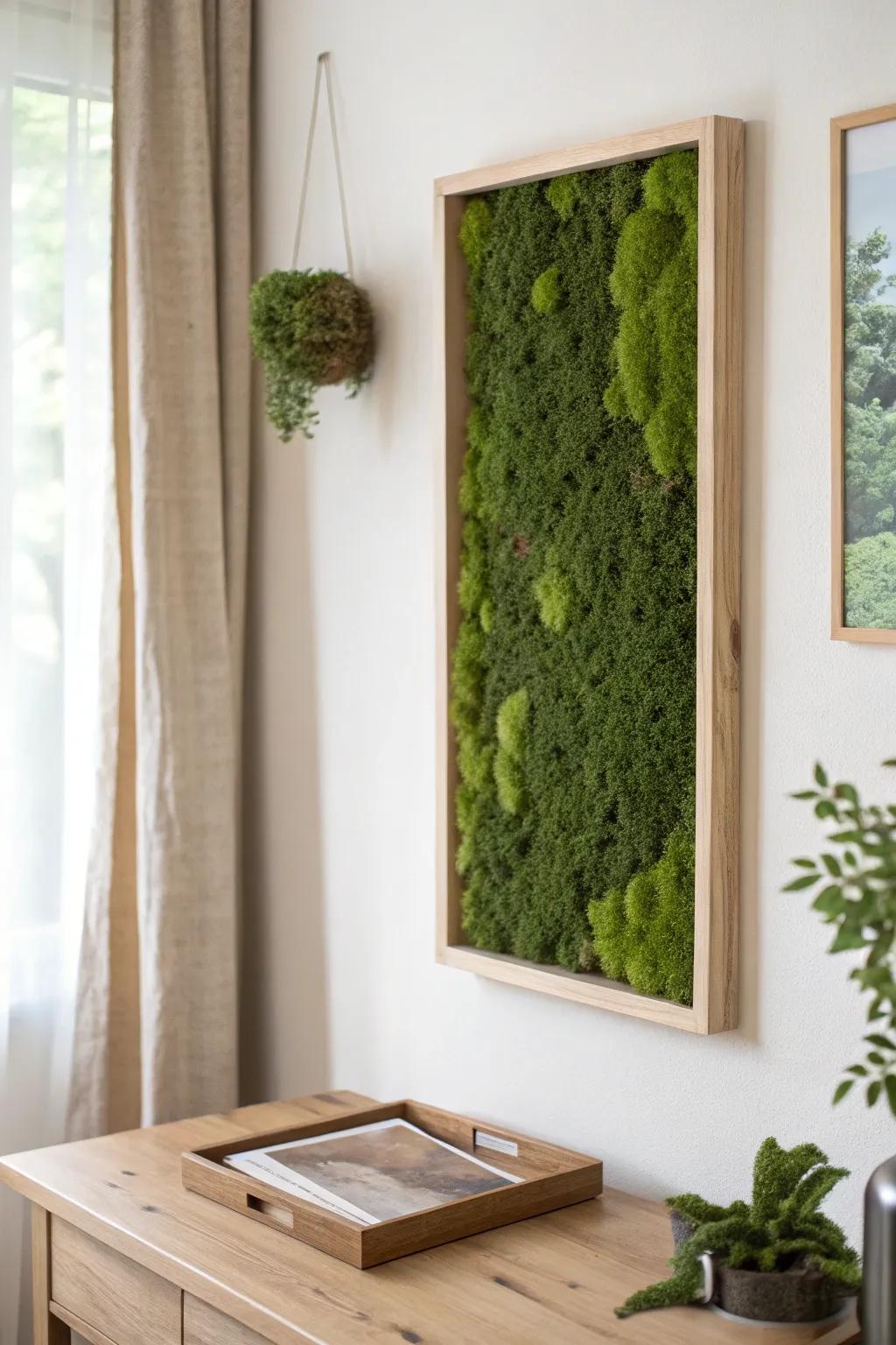 A preserved moss panel adds instant calm, texture, and greenery—zero watering required.