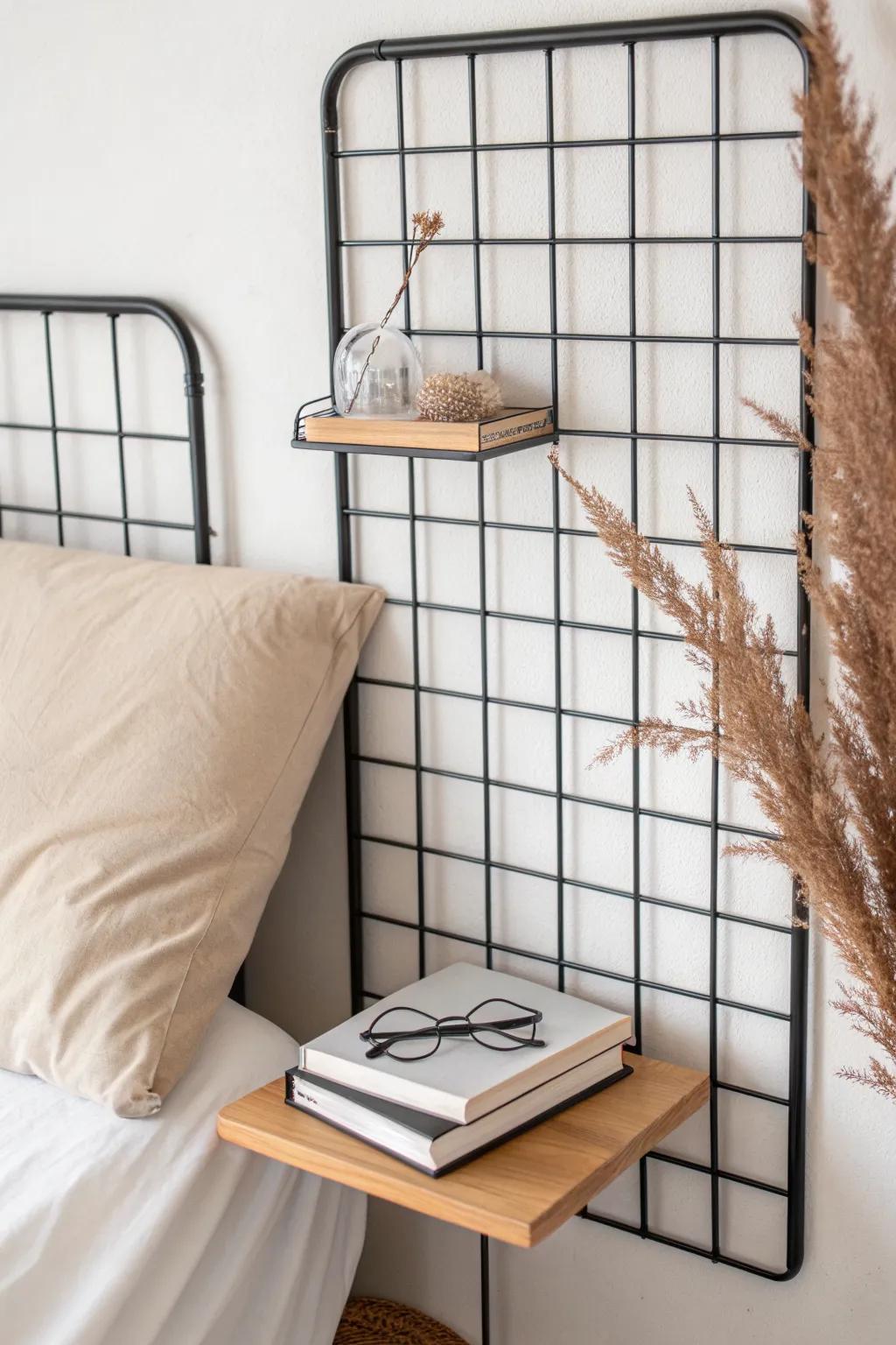 A grid wall nightstand swap: add a tiny shelf + hook to keep bedtime essentials within reach.