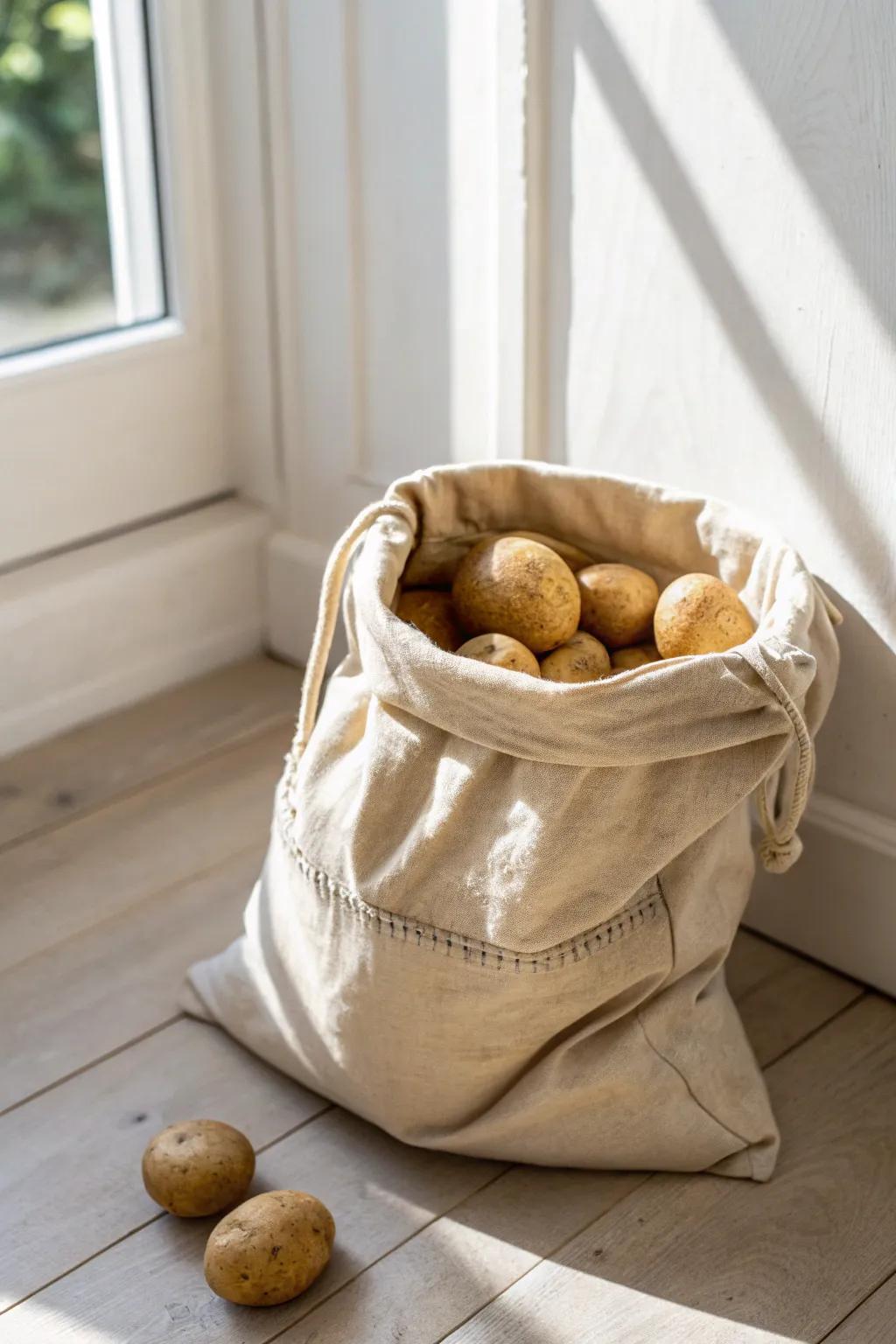 Harvest potatoes the tidy way—open the bag and tip out clean, golden tubers in minutes.