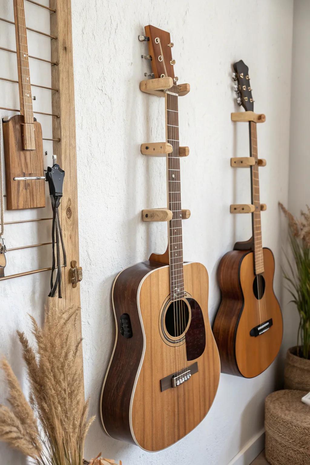 Slim wall, big impact: a vertical stack hanger keeps your guitar stored beautifully in tight spaces.
