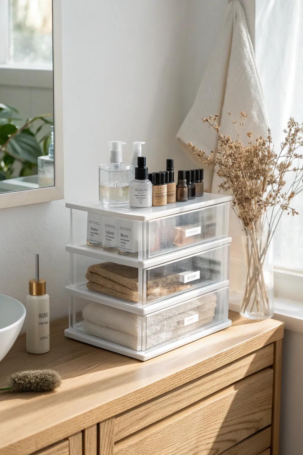 Stackable mini drawers keep serums and tubs visible, sorted, and ready in seconds.