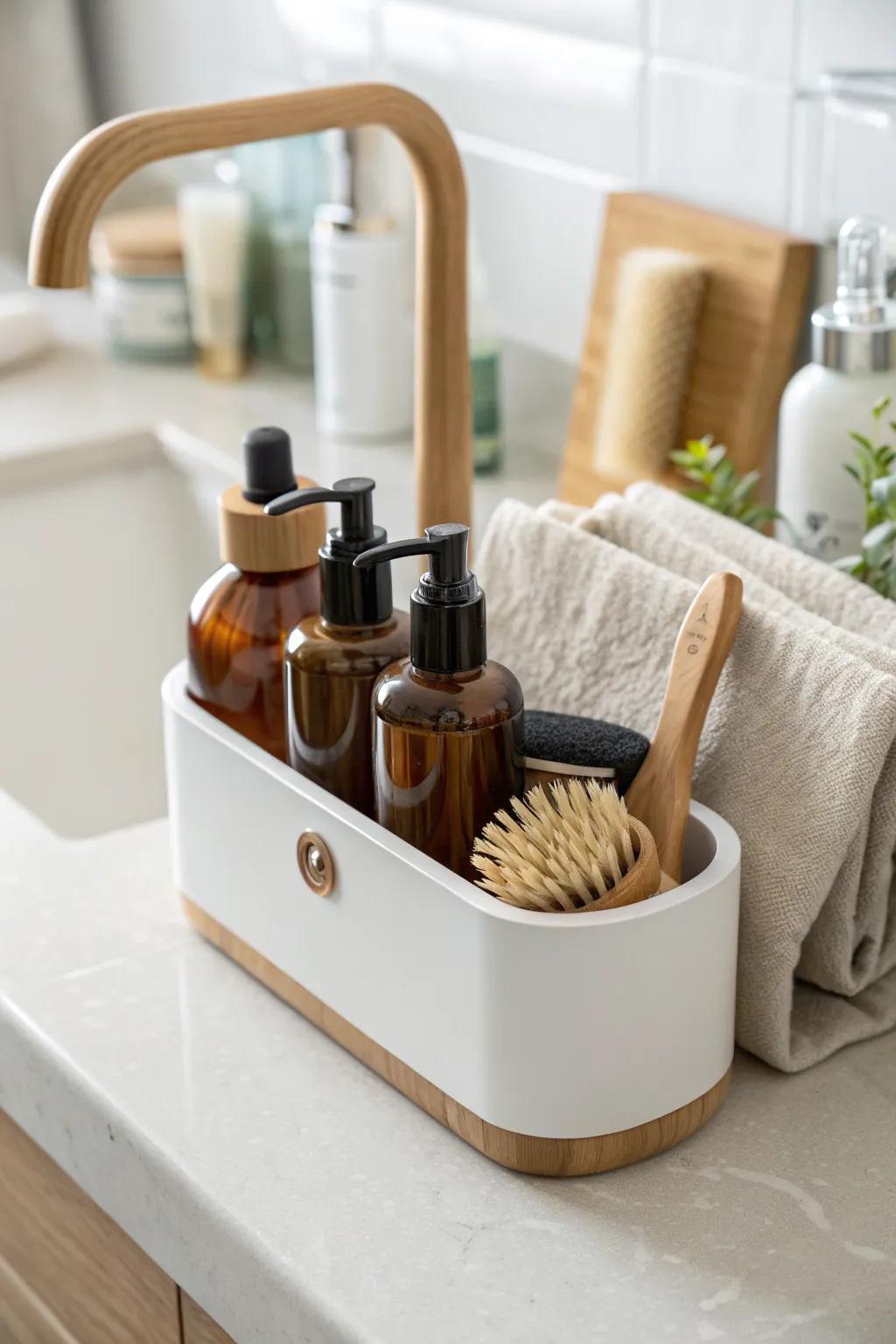 A handled countertop caddy keeps hair oils, sprays, and brushes tidy—easy to lift and wipe clean.