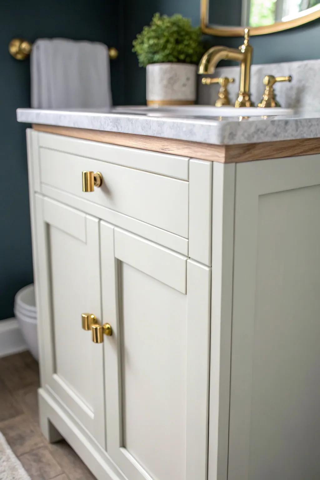 Budget half-bath refresh: repaint your vanity and swap in brass hardware for a custom look.