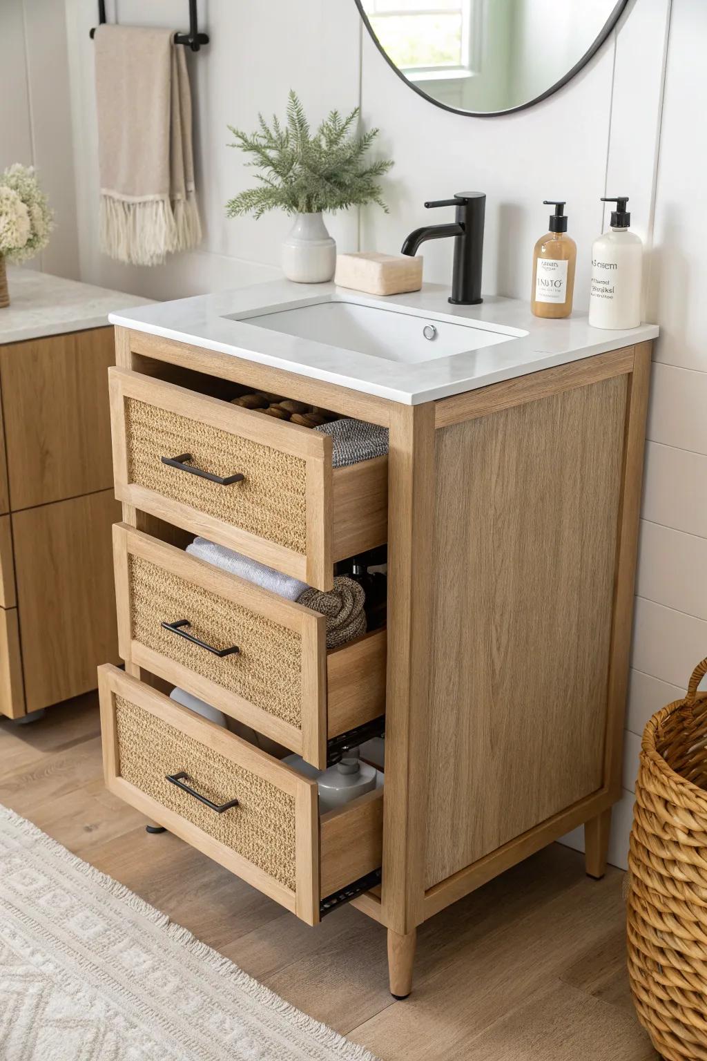 Drawer-heavy half-bath vanity: tidy organizers keep guest essentials neat and hidden away.