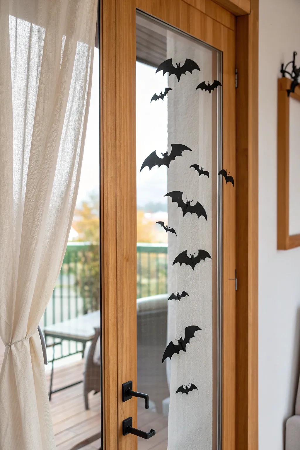 A dramatic bat swarm decal on balcony glass—big Halloween impact for the tiniest space.