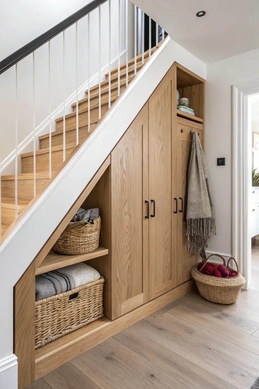 Stepped under-stair cabinet doors turn awkward hallway space into beautiful bulky storage.