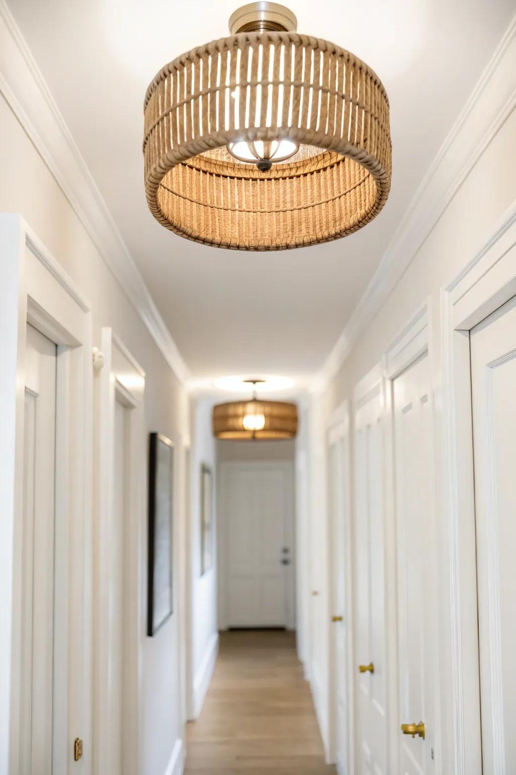 Repeat matching ceiling lights to create a runway rhythm that visually lengthens your hallway.
