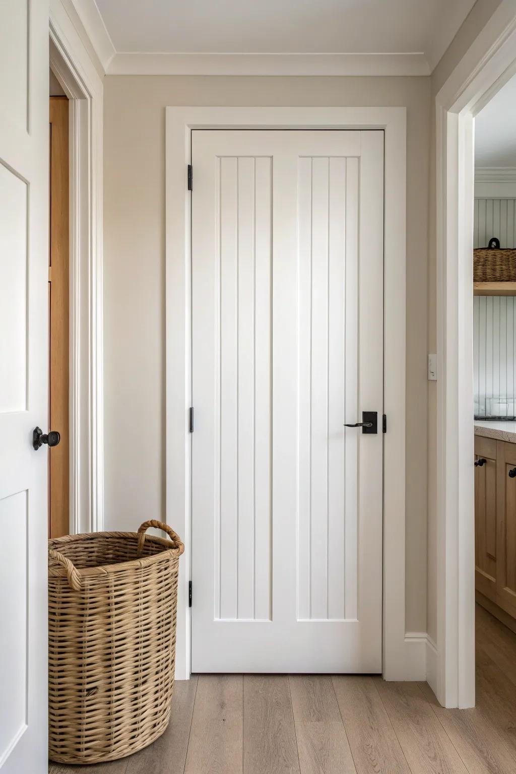 Beadboard closet door = instant cozy texture that hides scuffs in a bright minimalist hallway.