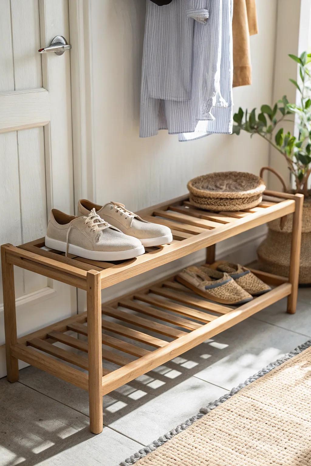 A defined shoe zone: a simple oak rack that keeps hallway closets instantly tidy.