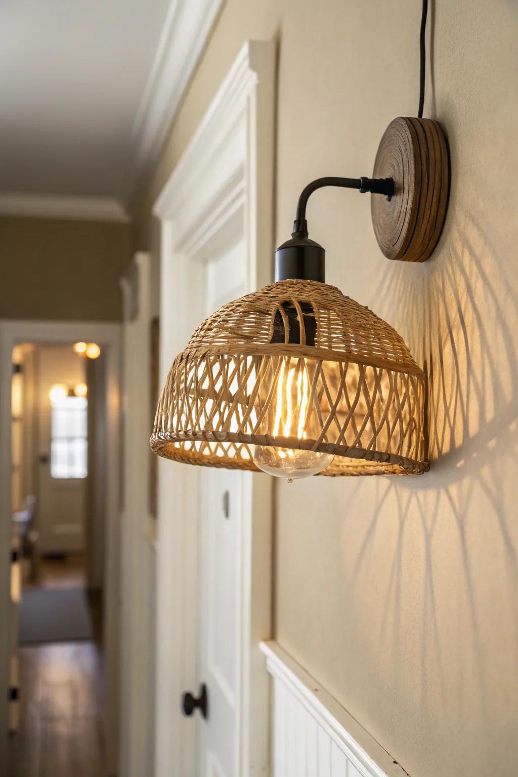 Creamy beige walls + a warm woven sconce = instant welcoming glow in a small hallway.