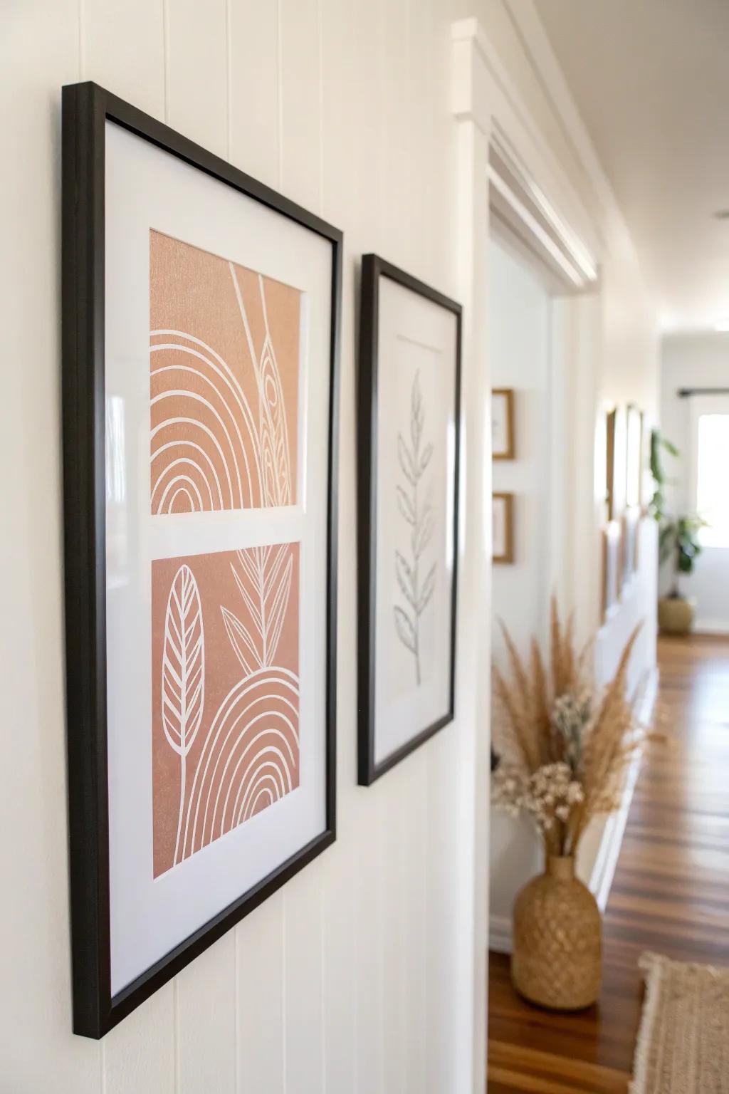 A calm, tight-spaced frame lineup for a narrow hallway—minimal, cozy, and boho-soft.