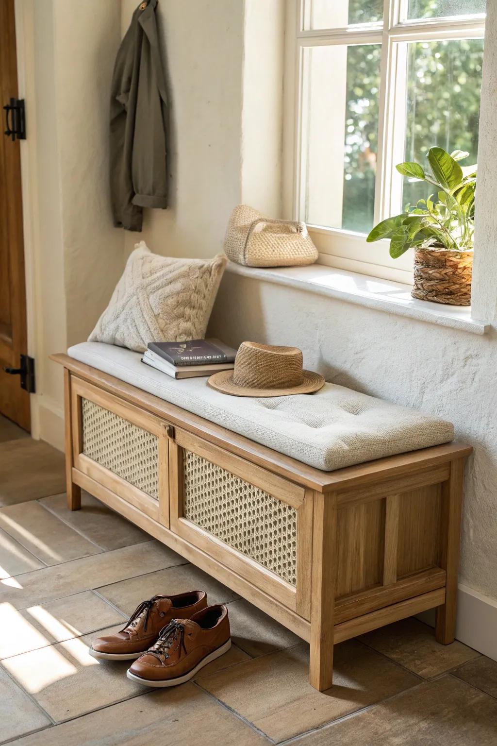 A storage bench that doubles as a seat and shoe hideaway—perfect for tiny entryways.
