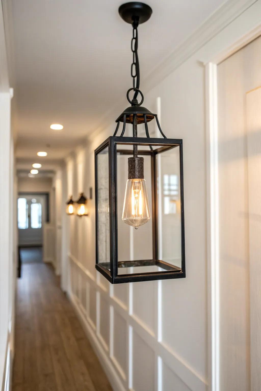 Classic lantern pendant glow—clean lines and cozy charm for a small hallway entry.