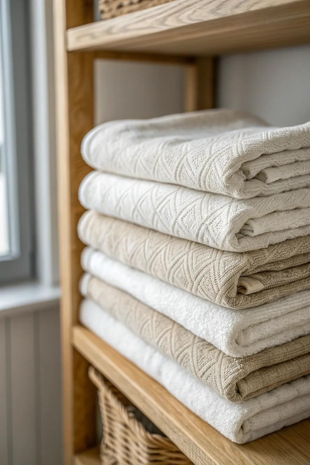 Uniform folds = tidy shelves: stack towels to shelf depth for a sleek, stable linen closet.