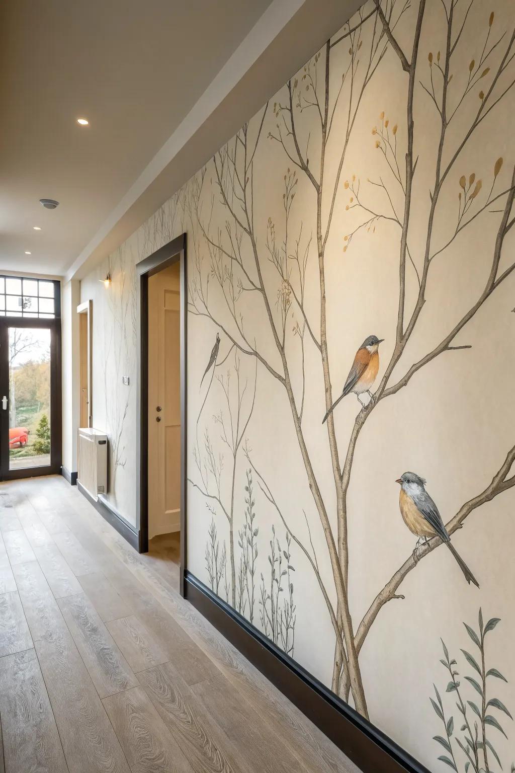 Hand-painted birds on branches bring calm movement to a long hallway with Scandinavian simplicity.