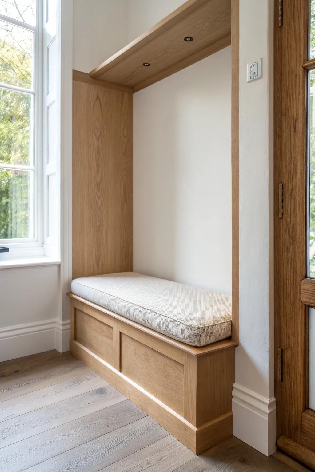 A flush recessed alcove bench adds custom style without stealing precious hallway space.