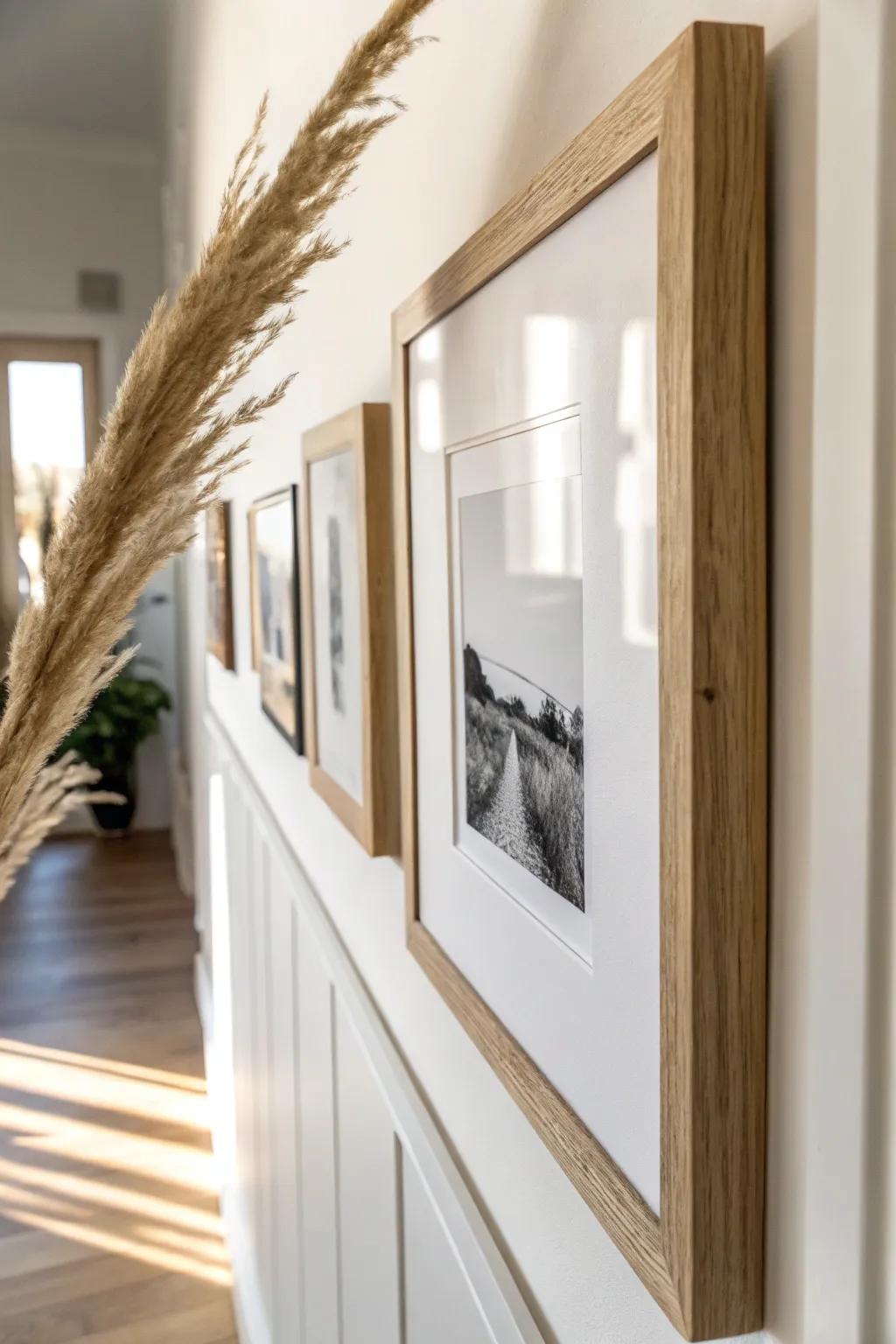 Matching frames, mixed photo sizes—an elegant hallway gallery vibe without the chaos.