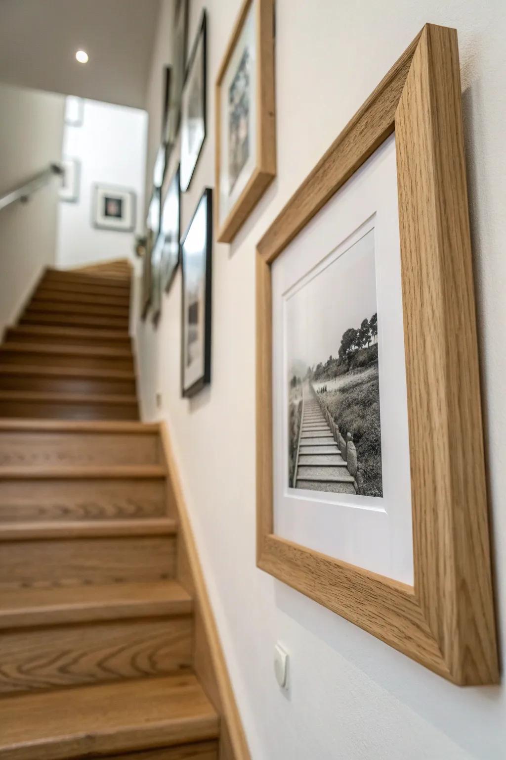 Let one handcrafted frame anchor a staircase-to-hallway photo run with calm, even spacing.