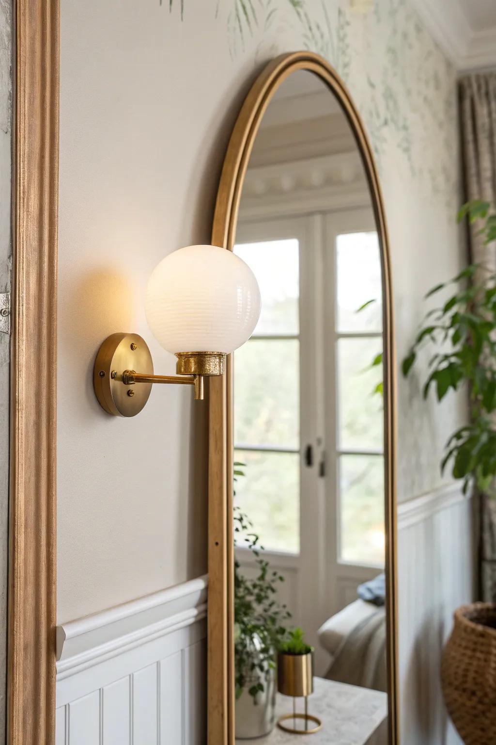 A mirror-side sconce doubles the warm glow—an instant small-hallway brightening trick.