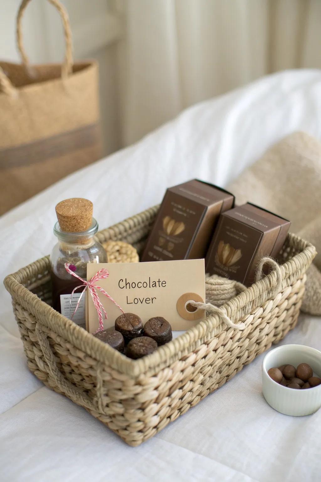 A cozy Chocolate Lover hamper: artisanal bars, truffles, cocoa mix—wrapped simply and chic.
