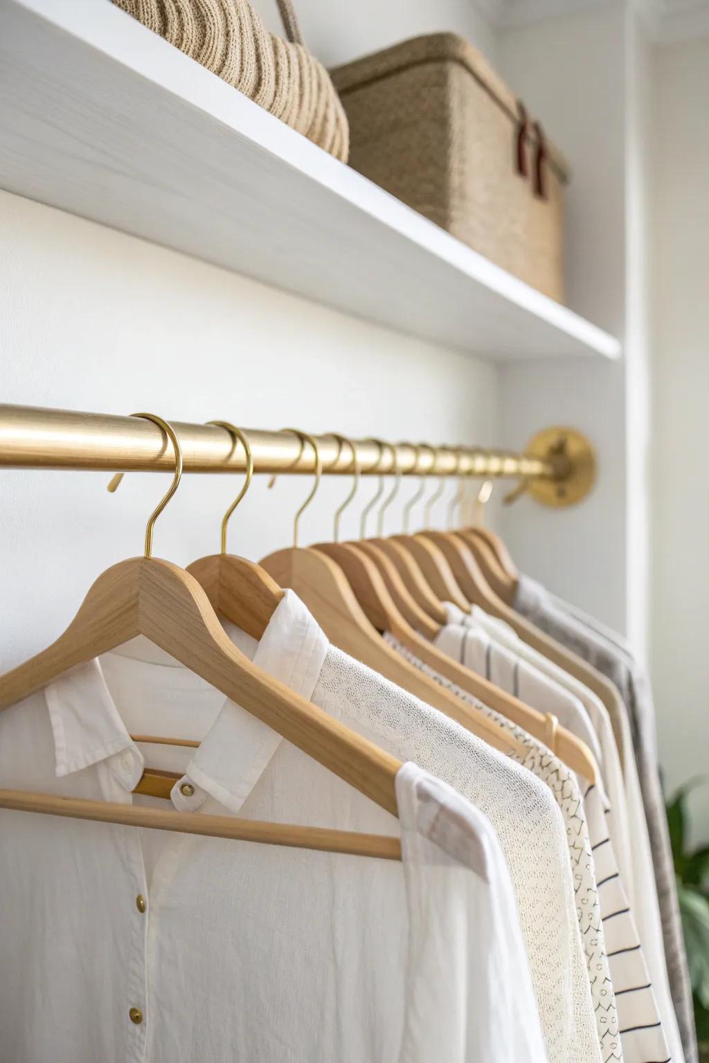 A slim rail under the shelf turns extra empty hangers into a clean, organized feature.