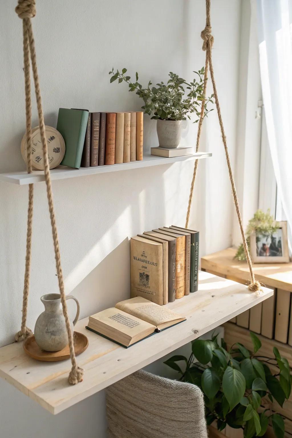 An above-desk hanging book row that frees your tiny desktop and looks beautifully curated.