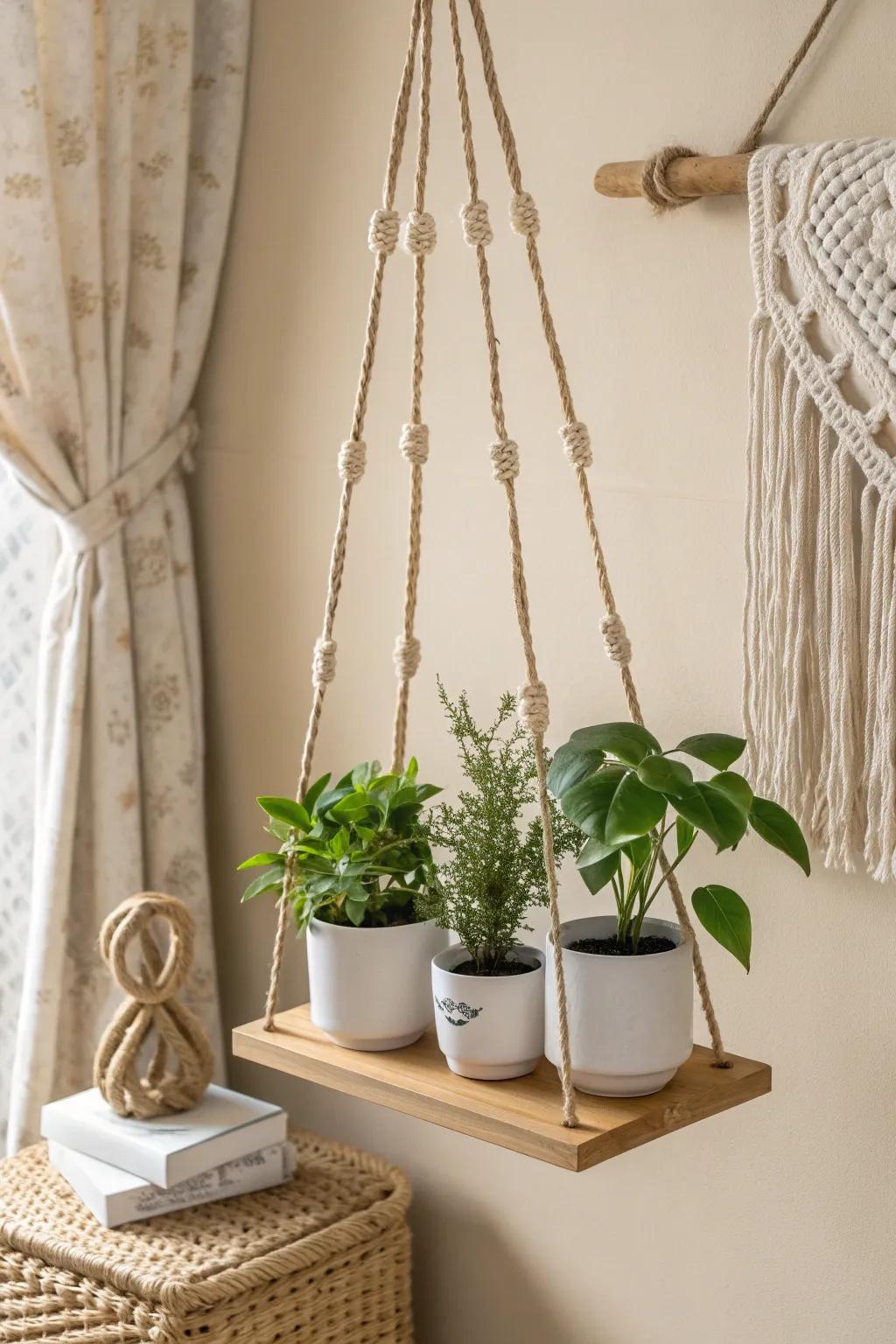 One hanging shelf, three tiny plants—an instant styled moment for small spaces.