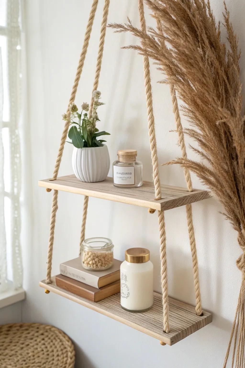 Tiered hanging shelves: vertical storage with light oak, rope details, and airy boho calm.