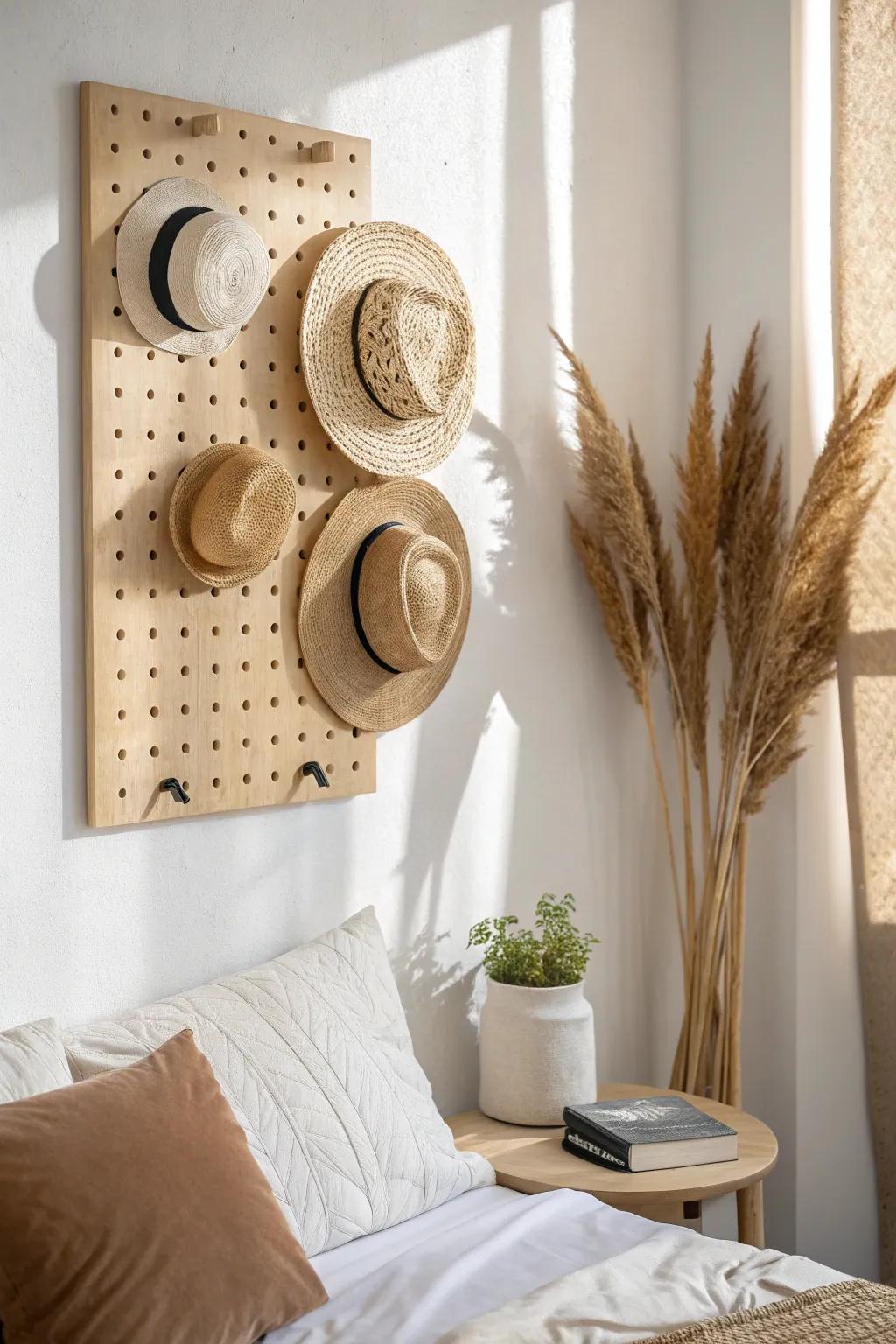 Small-space hat storage: a chic pegboard wall display with staggered pegs and calm boho vibes.