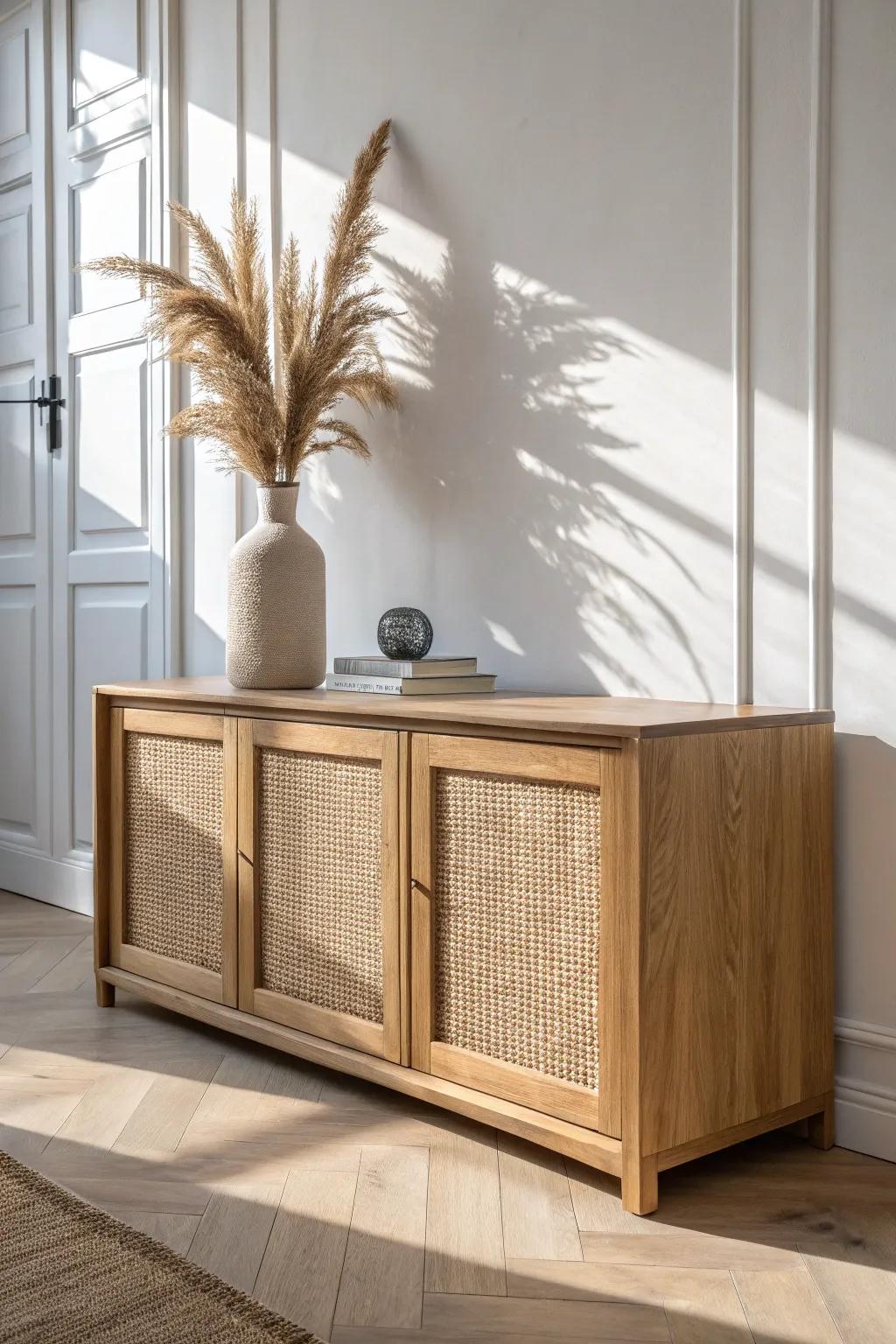 A low credenza that hides a fold-out bed—renter-friendly, minimalist, and beautifully discreet.