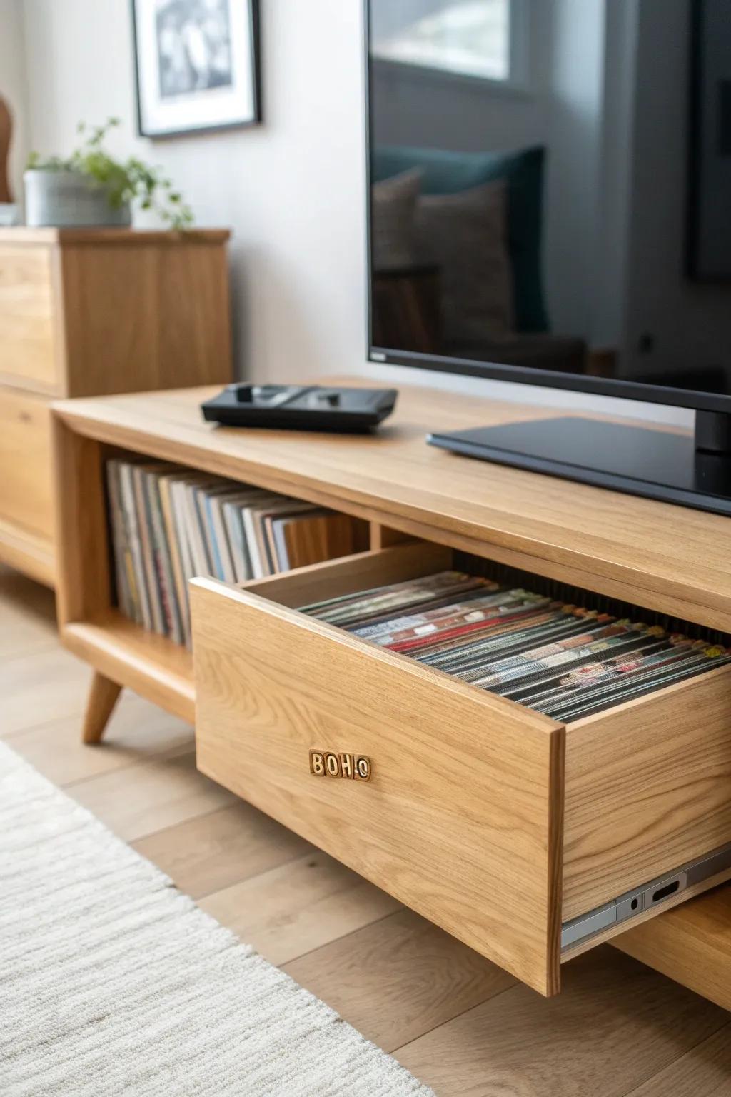 Deep TV stand drawers hide DVDs upright like files—labeled edges keep it tidy and easy to find.